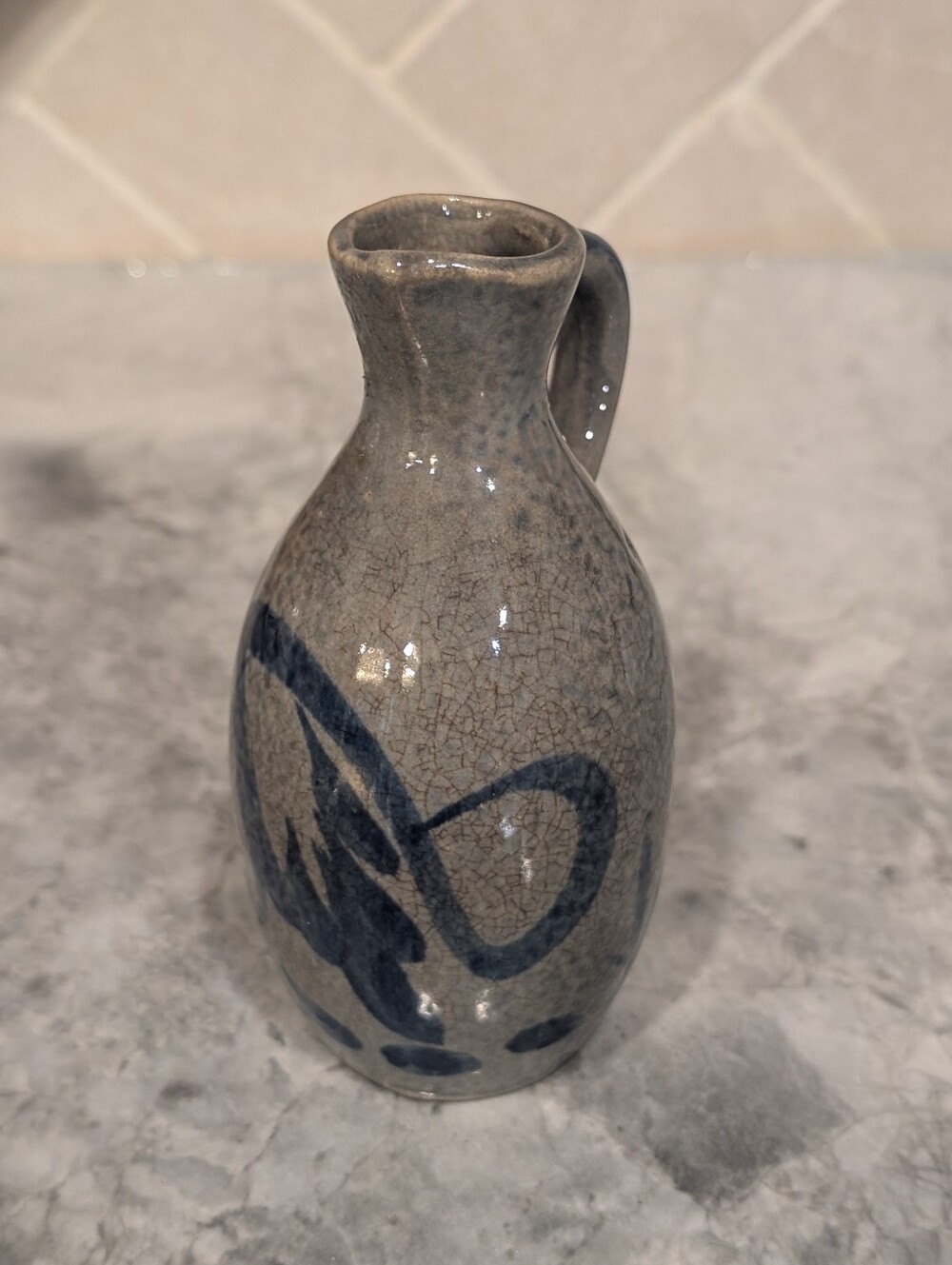 Antique Vintage Stoneware German Salt Glazed Vase with Blue Accent - Home Art